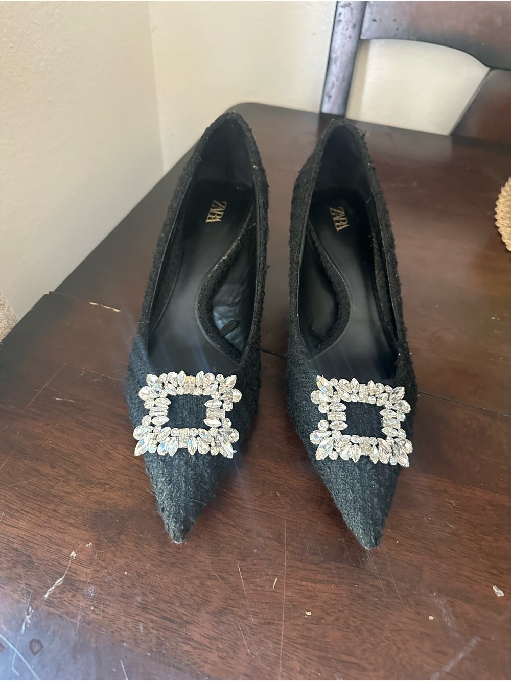 Zara Black Pointed Faux Wool Pumps with Crystal Square Brooches